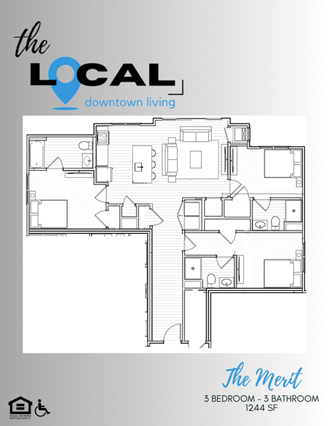 Floor plan for 3 beds, 3 baths, 1244 sqft